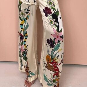 XL Silky, Unique Print Elastic Waist Pocketed Wide Leg Pants